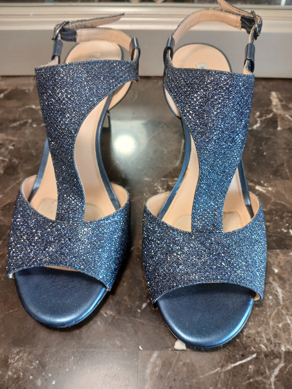 Alex Marie Navy Glitter T-Strap Sandals